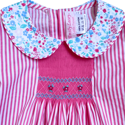 Smocked Pink Floral Stripe Dress