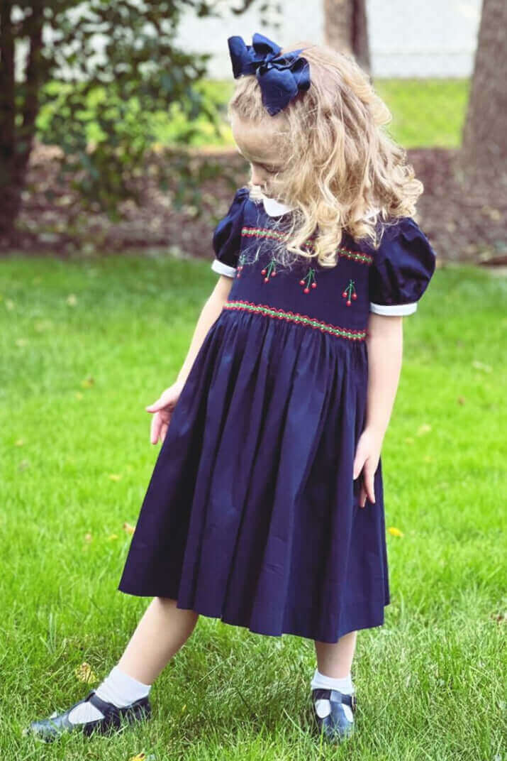 Smocked Navy Cherry Dress 12M