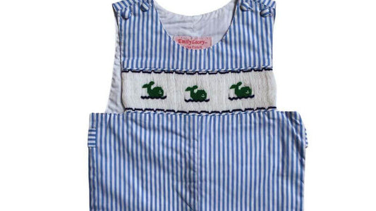 Blue and white striped Smocked Whale John John with adorable green whale embroidery, embodying timeless nautical charm.