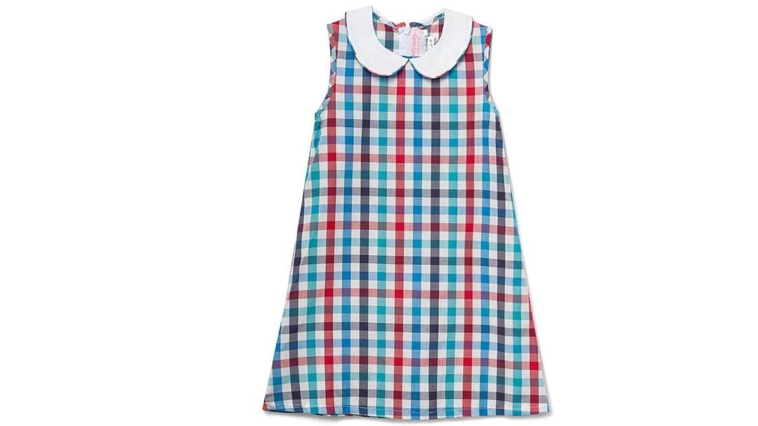 Colorful preppy plaid dress for little girls with a white peter pan collar, perfect for timeless elegance and everyday comfort.