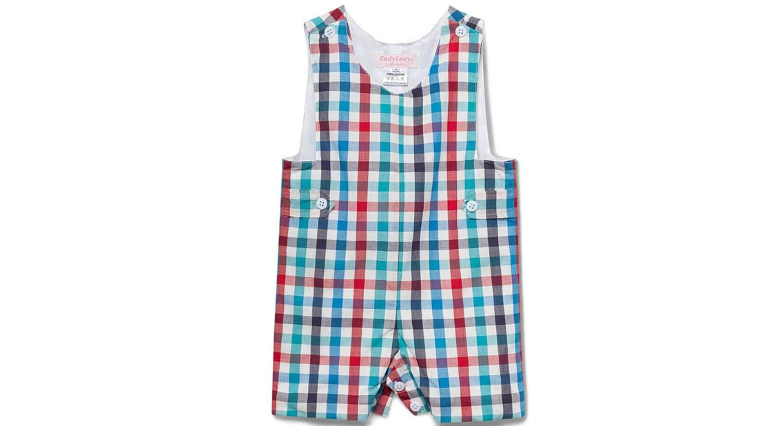 Preppy Plaid John John for boys from Emily Lacey featuring classic red, blue, and green checks, timeless style for every little gentleman.