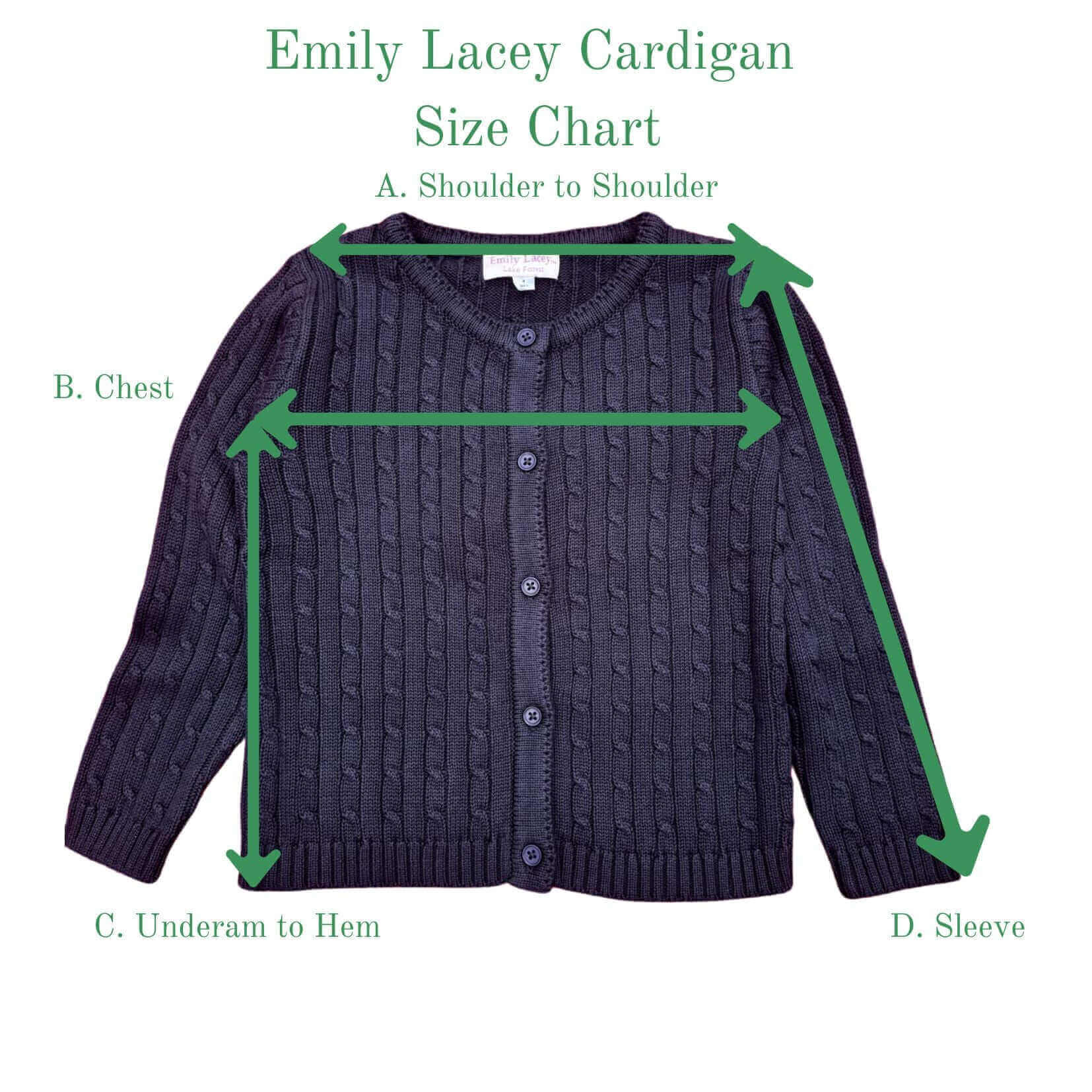 Navy Emily Lacey Organic Cotton Cable Knit Cardigan size chart with measurements for shoulder, chest, hem, and sleeve.