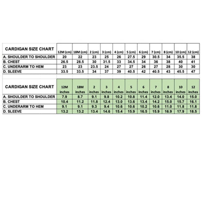 Detailed size chart for the Navy Cotton Cable Knit Cardigan showing measurements in both centimeters and inches.