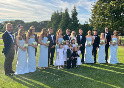 Wedding party with bridesmaids in blue dresses and groomsmen in black suits posing on a sunlit lawn.