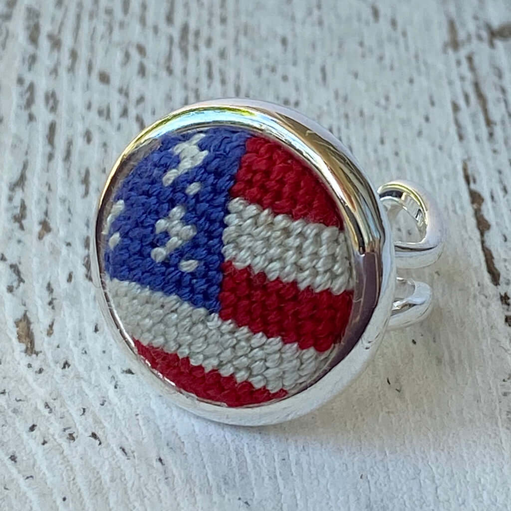 Adjustable Patriotic USA Needlepoint Ring featuring detailed American flag design, perfect for gifts and as a unique accessory.