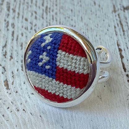 Adjustable Patriotic USA Needlepoint Ring featuring detailed American flag design, perfect for gifts and as a unique accessory.