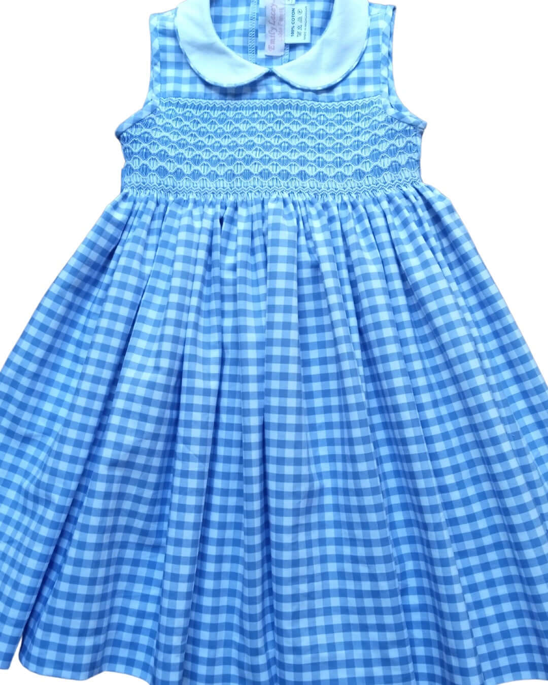 Smocked Sky Gingham Dress in sky blue, featuring delicate hand-smocking and a classic collar, perfect for spring and summer.