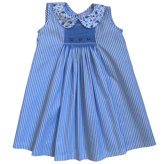 Smocked Blue Floral Stripe Dress