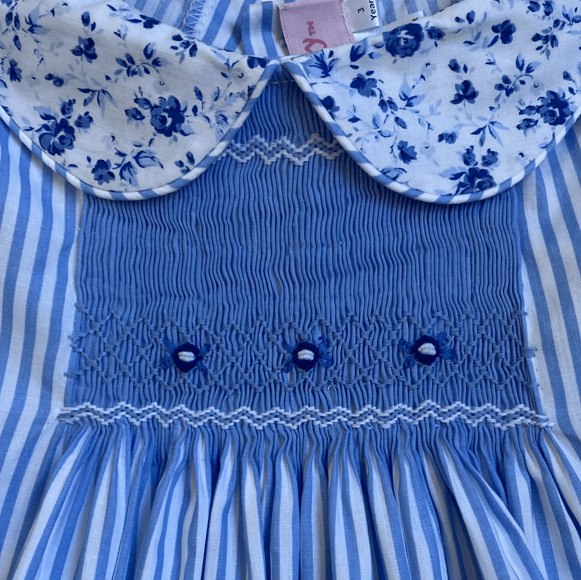 Smocked Blue Floral Stripe Dress