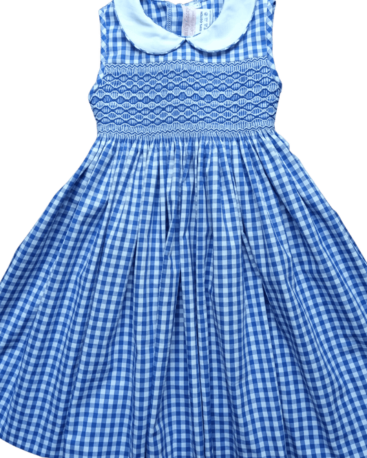 Pre-order Smocked Azure Gingham Dress featuring a blue and white gingham pattern, perfect for spring and summer fun!