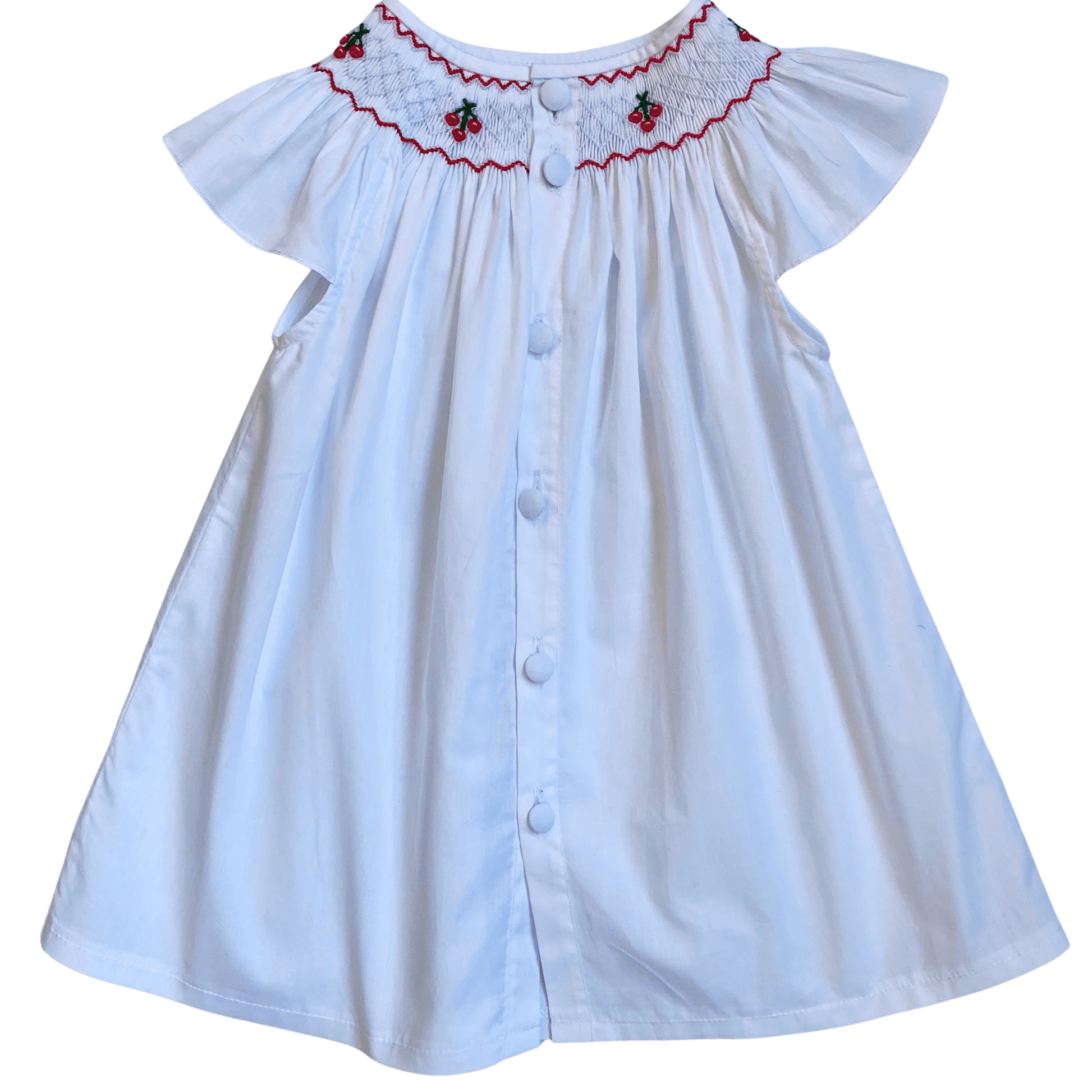 Hand-smocked cherry bishop dress with embroidered cherries and delicate floral design, perfect for little ones.