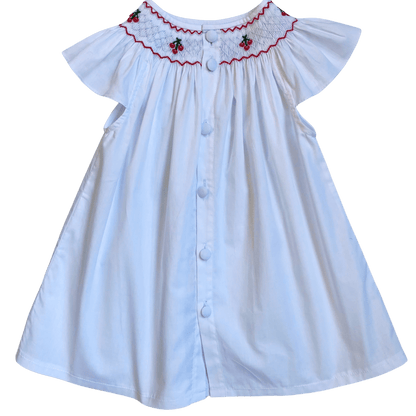 Hand-smocked cherry bishop dress with embroidered cherries and delicate floral design, perfect for little ones.