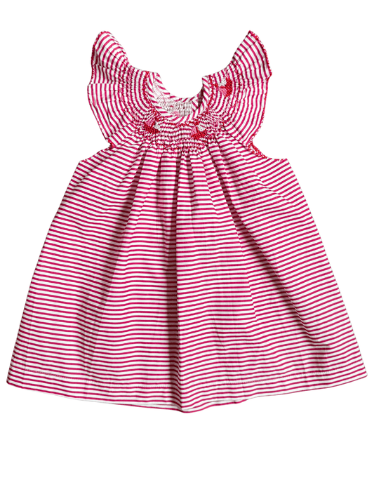 Sample Red Boat Bishop Dress (12M) with red stripes and hand-smocked floral embroidery for summer fun.