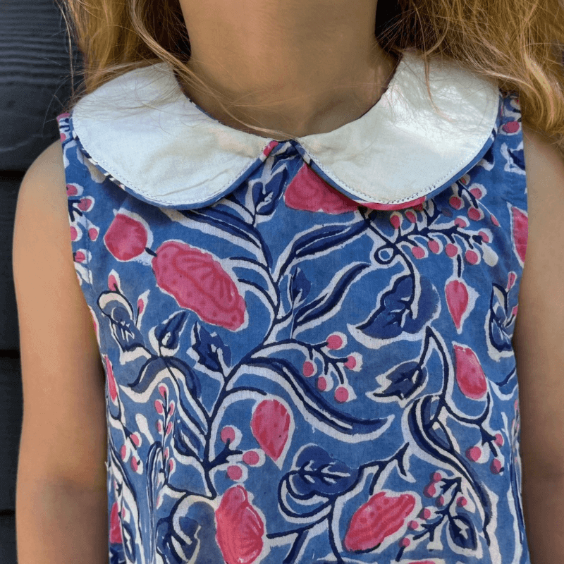 Child wearing a pink and blue floral dress with a Peter Pan collar. Perfect for back-to-school fashion!