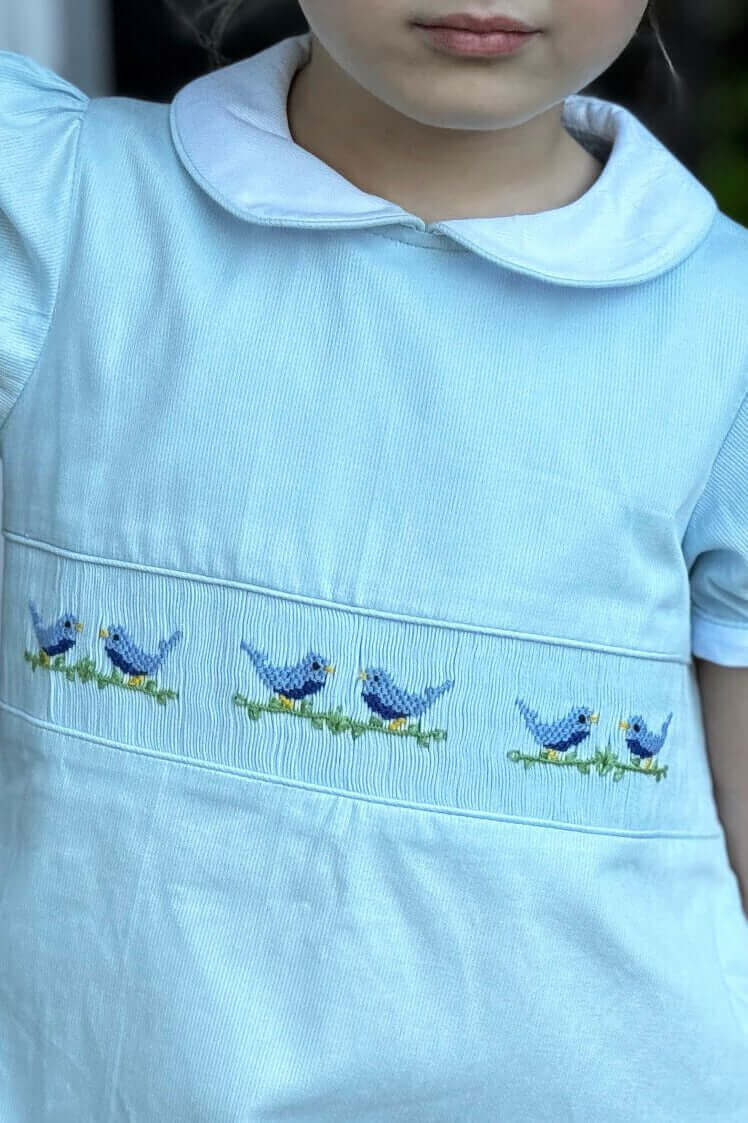 Little girl in a Smocked Sky Lovebird Dress with hand-smocked lovebirds, perfect for school photos, birthday celebrations, and holidays