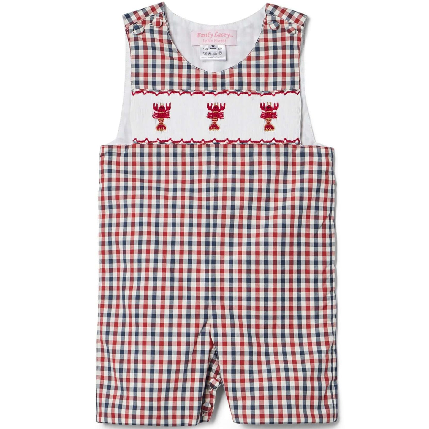 Smocked lobster John John in festive red, white, and blue checks, featuring playful hand-smocked lobster motifs. Perfect for summer!