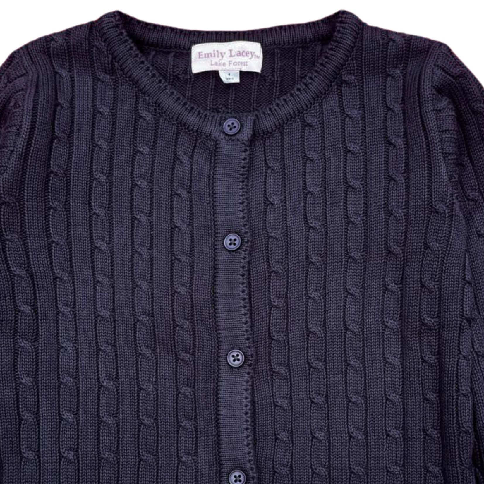 Navy organic cotton cable knit cardigan by Emily Lacey, perfect for every season and versatile with any outfit.