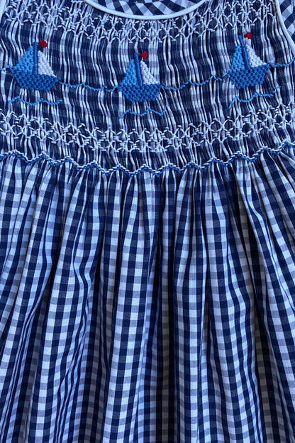 SAMPLE Smocked Navy Gingham Boat Dress (12M, 3, 4, 6)