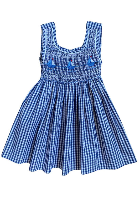 SAMPLE Smocked Navy Gingham Boat Dress (12M, 3, 4, 6)