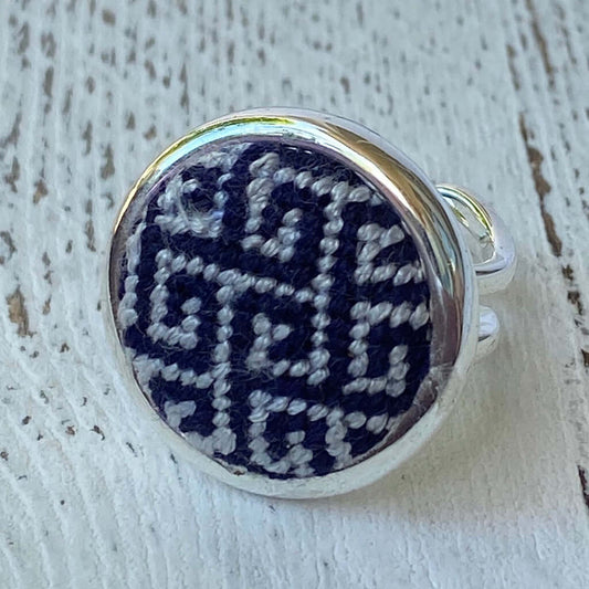 Navy and Grey Greek Key Needlepoint Ring with Unique Design, Adjustable for Scarf or Purse Charm Use.