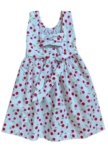 Hand-smocked cherry dress with floral embroidery, perfect for sunny spring days.