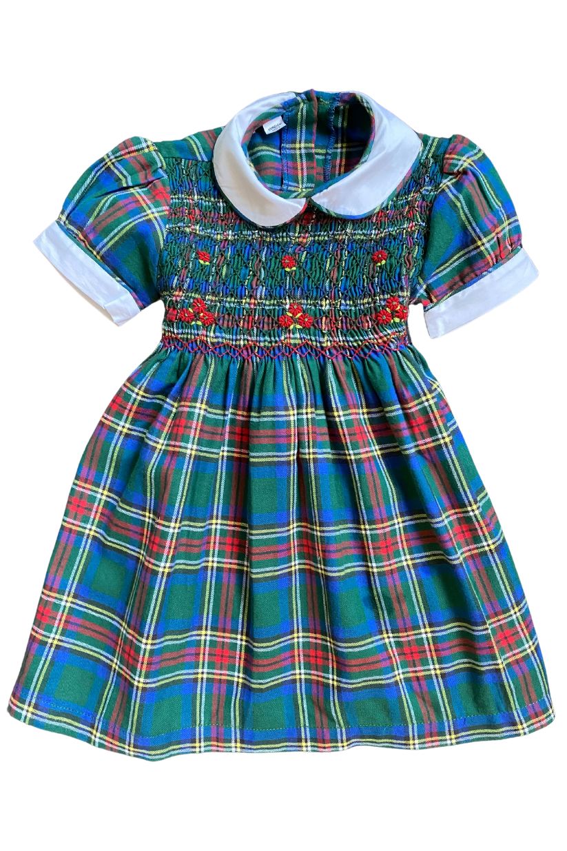 Sample smocked flannel plaid dress with green and red pattern, charming collar, perfect for special occasions.