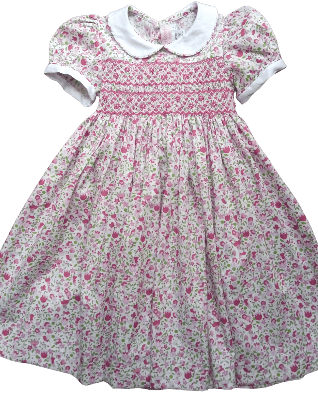 Smocked Lulu Floral Dress with pink floral design, white collar, and puff sleeves - perfect for spring, pre-order now!