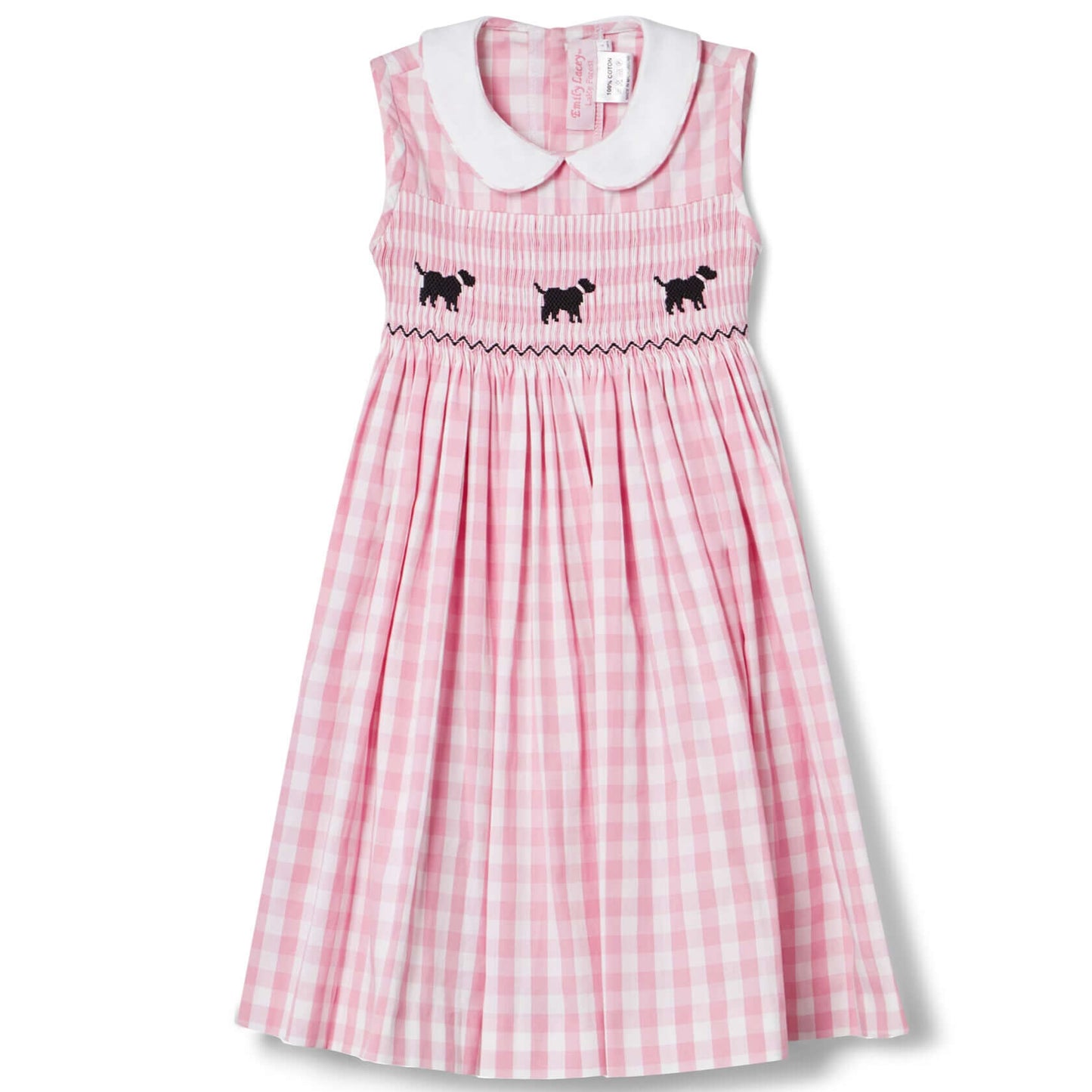 Adorable hand-smocked gingham dog dress for toddlers, featuring cute puppy designs and a charming collar.