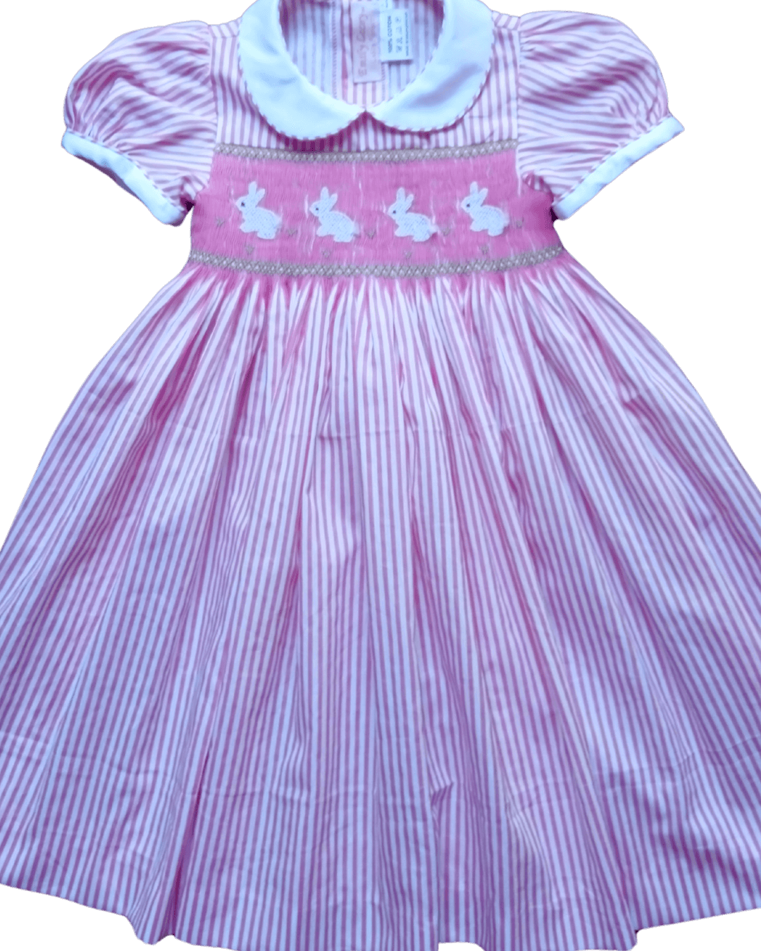 Smocked Easter Bunny Dress with pink stripes and white bunnies, perfect for spring celebrations.