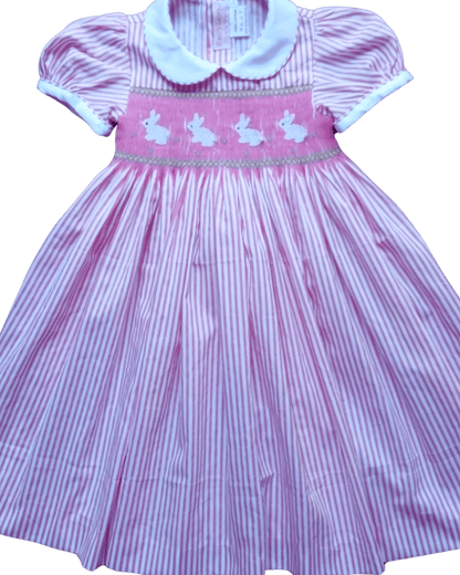 Smocked Easter Bunny Dress with pink stripes and white bunnies, perfect for spring celebrations.