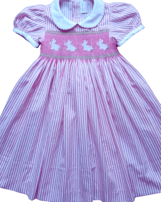 Smocked Easter Bunny Dress with pink stripes and white bunnies, perfect for spring celebrations.