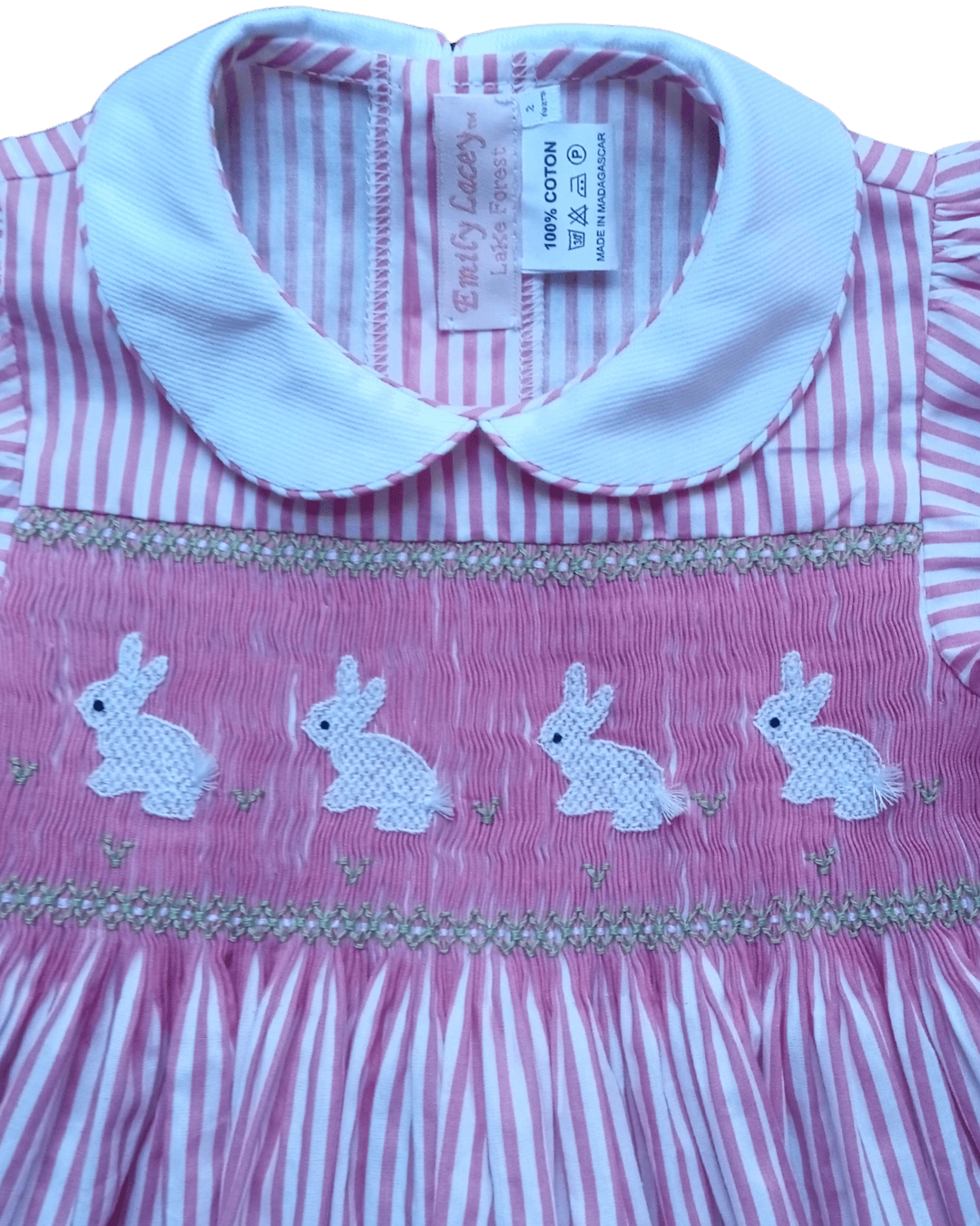 Smocked Easter Bunny Dress with pink stripes and hand-smocked bunnies, perfect for spring celebrations.