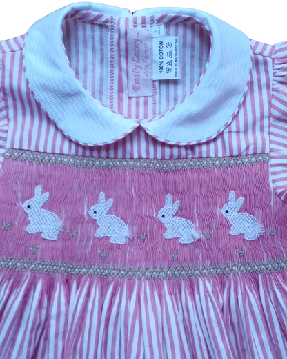 Smocked Easter Bunny Dress with pink stripes and hand-smocked bunnies, perfect for spring celebrations.