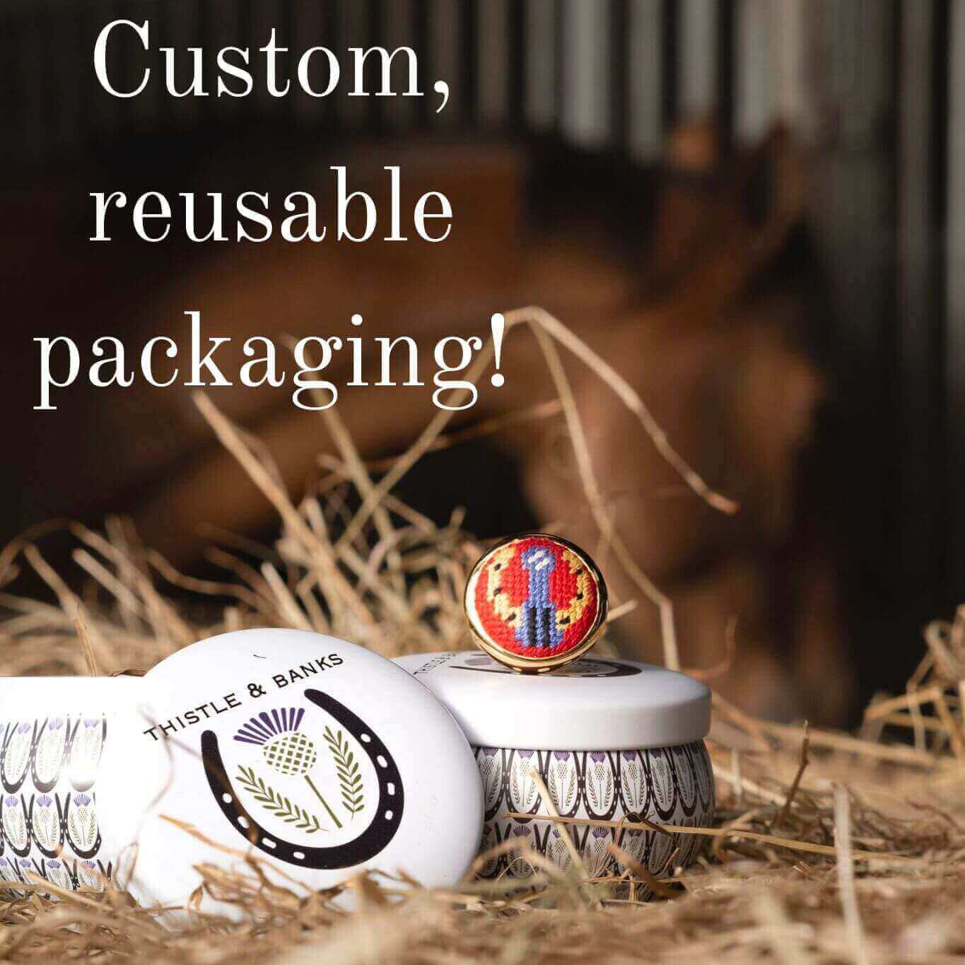 Custom reusable packaging featuring Thistle & Banks Black and Tan Horse Houndstooth Needlepoint Ring.