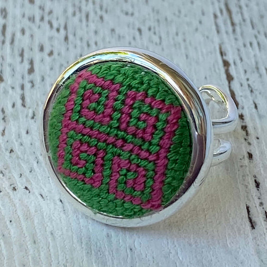 Pink and Green Greek Key Needlepoint Ring with adjustable arms, unique design, doubles as scarf ring, purse, or bridle charm.