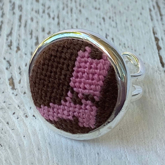 Pink cowboy boot needlepoint ring with adjustable design, perfect gift for horse lovers and equestrians.