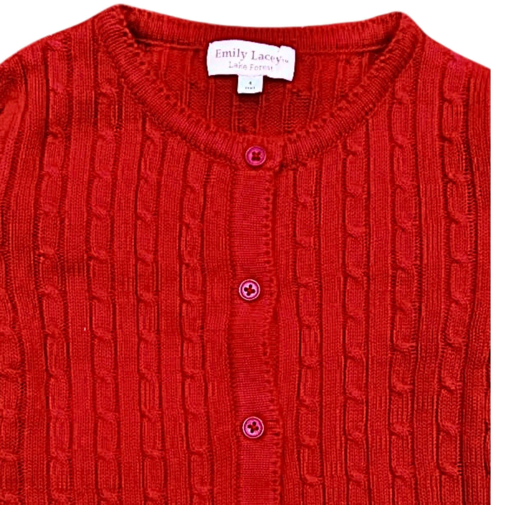 Red organic cotton cable knit cardigan for girls by Emily Lacey, featuring a classic button-up design. Ideal for layering.