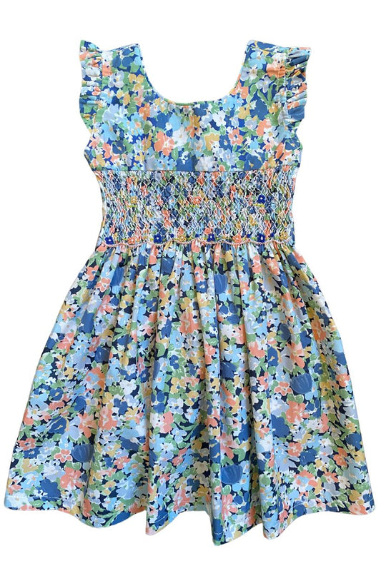 SAMPLE Smocked Spring Floral Dress with ruffle sleeves and vibrant floral patterns, perfect for warm weather.