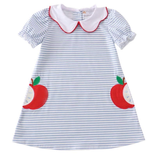 Striped blue Back to School dress with apple appliques and white Peter Pan collar for girls