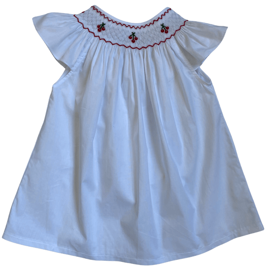 Smocked White Cherry Bishop Dress