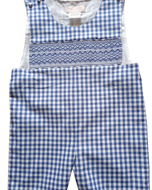 Smocked Azure Gingham John John for boys, featuring intricate double lattice embroidery and classic design.