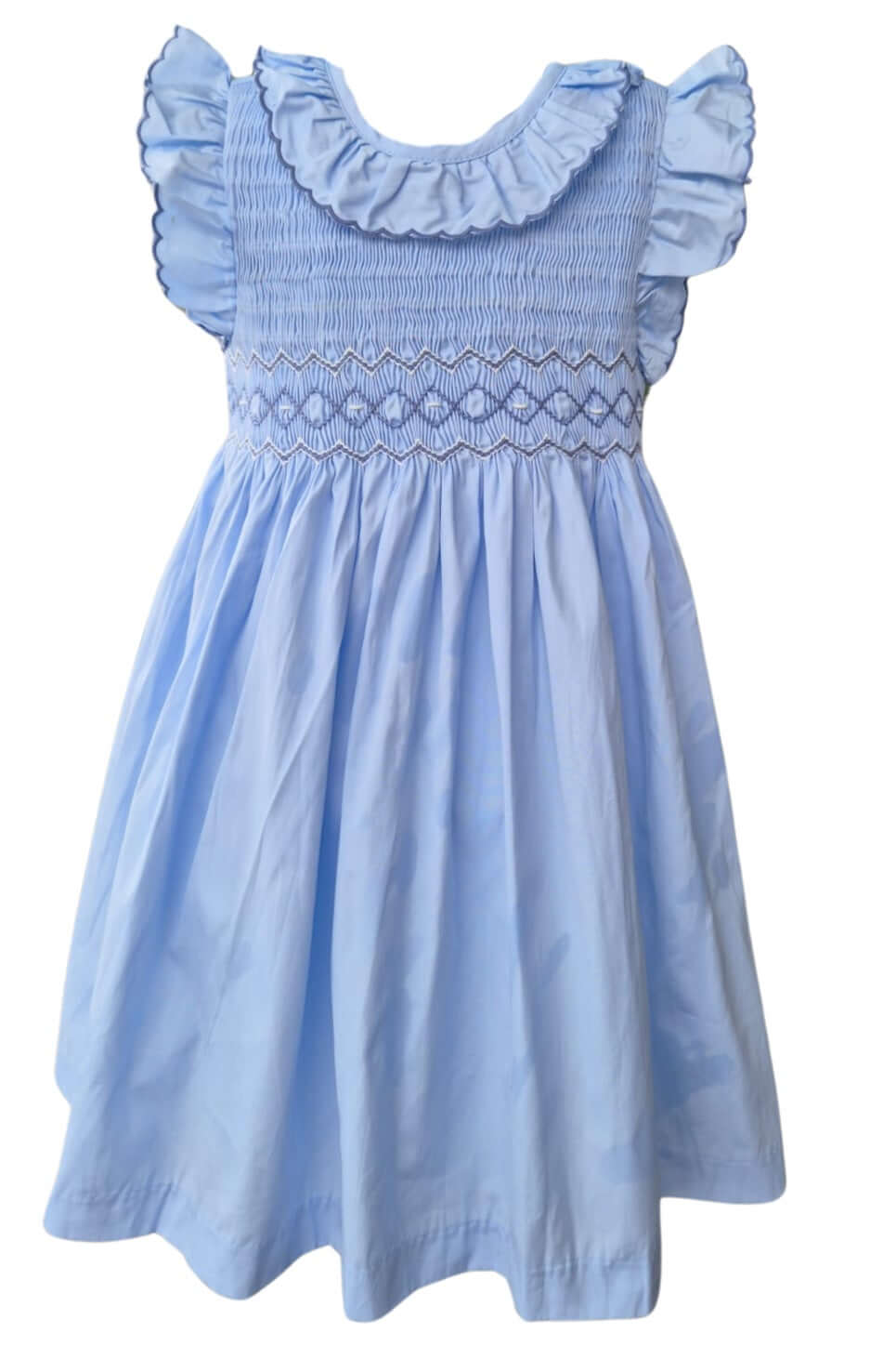 Smocked blue ruffle dress featuring floral embroidery, ruffle collar, and sleeves, perfect for special occasions.