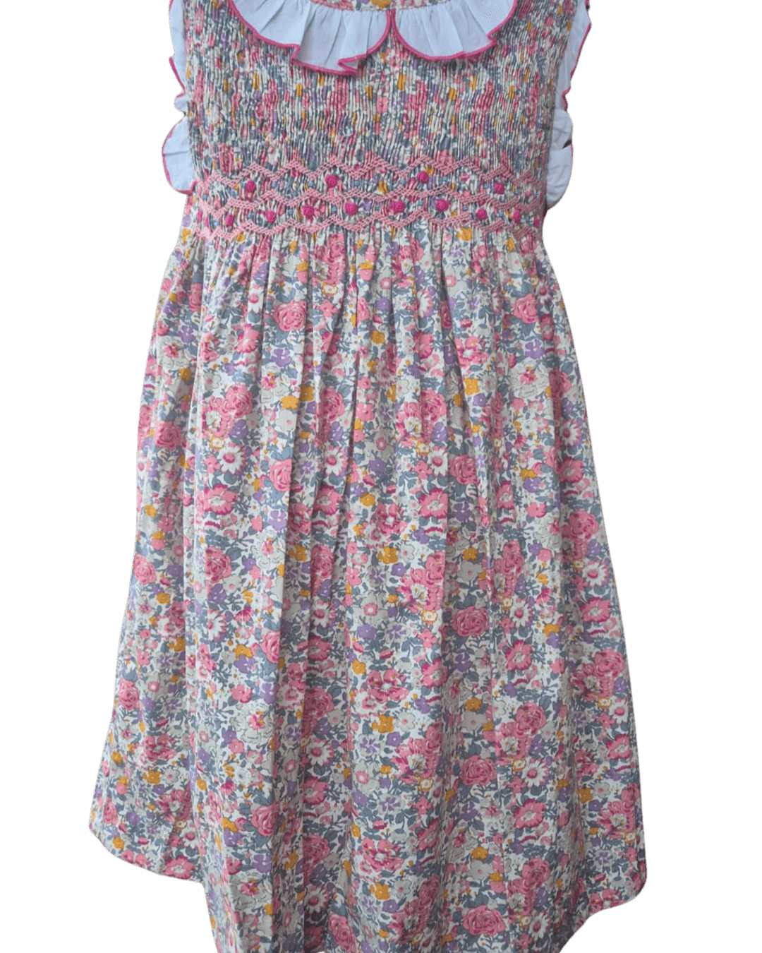 SAMPLE Smocked Floral Ruffle Dress with pink floral embroidery and ruffle collar, perfect for special occasions.