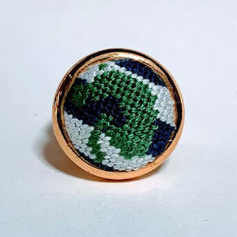 Green and navy needlepoint ring with adjustable arms, perfect gift for horse lovers, doubles as scarf ring, purse, or bridle charm.