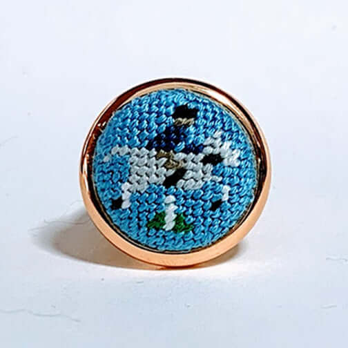 Grey hunter horse needlepoint ring with blue and white details, perfect for horse lovers and equestrian gifts.