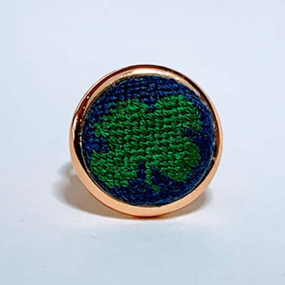 Navy Shamrock Needlepoint Ring with adjustable arms, perfect as a gift or versatile accessory. Unique design for scarves, purses, or charms.