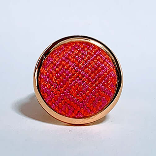 Pink & Orange Greek Key Needlepoint Ring with unique design, adjustable for scarf or purse charm, exquisite gift idea.