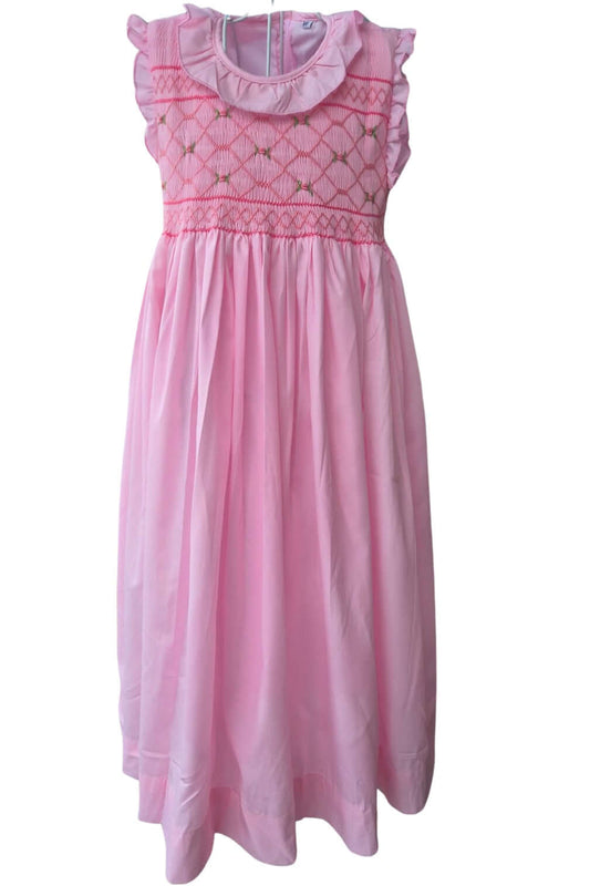 Hand-smocked pink ruffle dress with floral embroidery, perfect for Easter and special occasions.