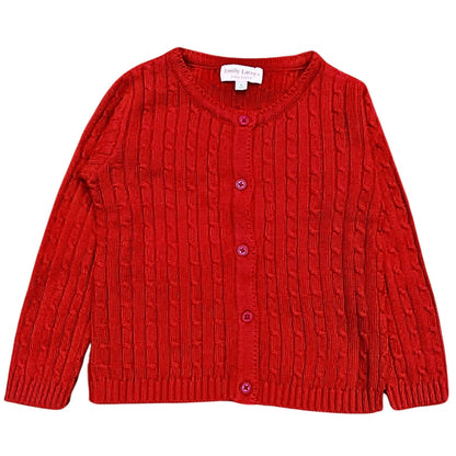 Red organic cotton cable knit cardigan for little girls - classic and stylish Emily Lacey design