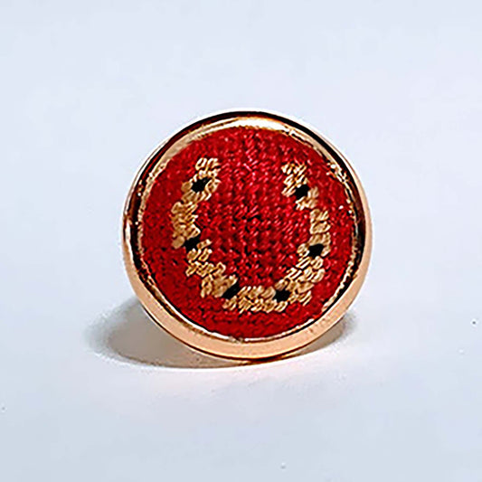 Red horseshoe needlepoint ring with gold accents, perfect gift for horse lovers and versatile as a scarf or purse charm.